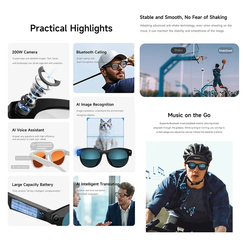 AI smart glasses for taking photos, anti shake, long-lasting battery life, Bluetooth calls, music, sports, companions, smart gla