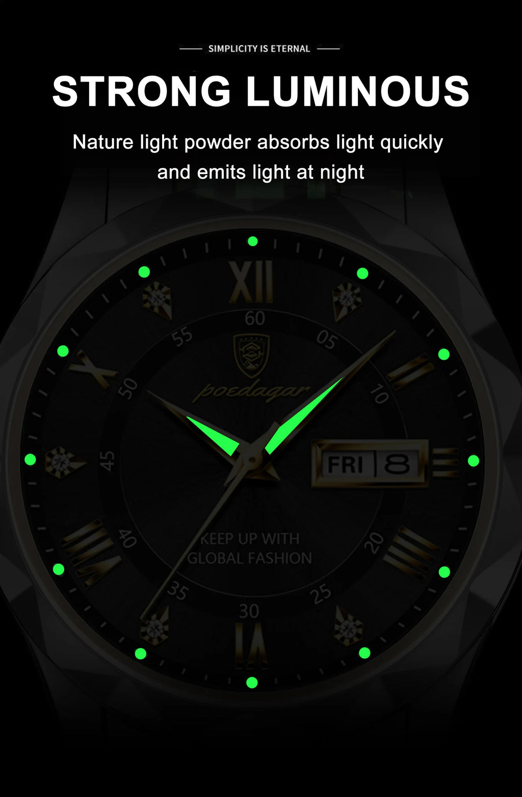 POEDAGAR Luxury Brand Men's Watches Waterproof Stainless Steel Luminous Man Wristwatch Date Week Quartz Business Men Clock Reloj