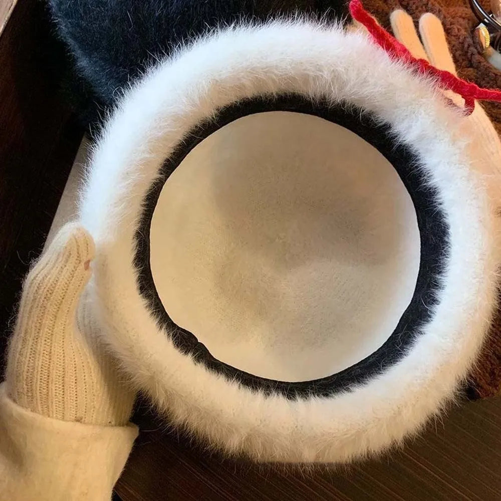 Top Hat Vintage Looking Black Bowler Hats Beret Japanese Style Woolen Bucket Cap Bow Versatile White Dome Hat Winter
