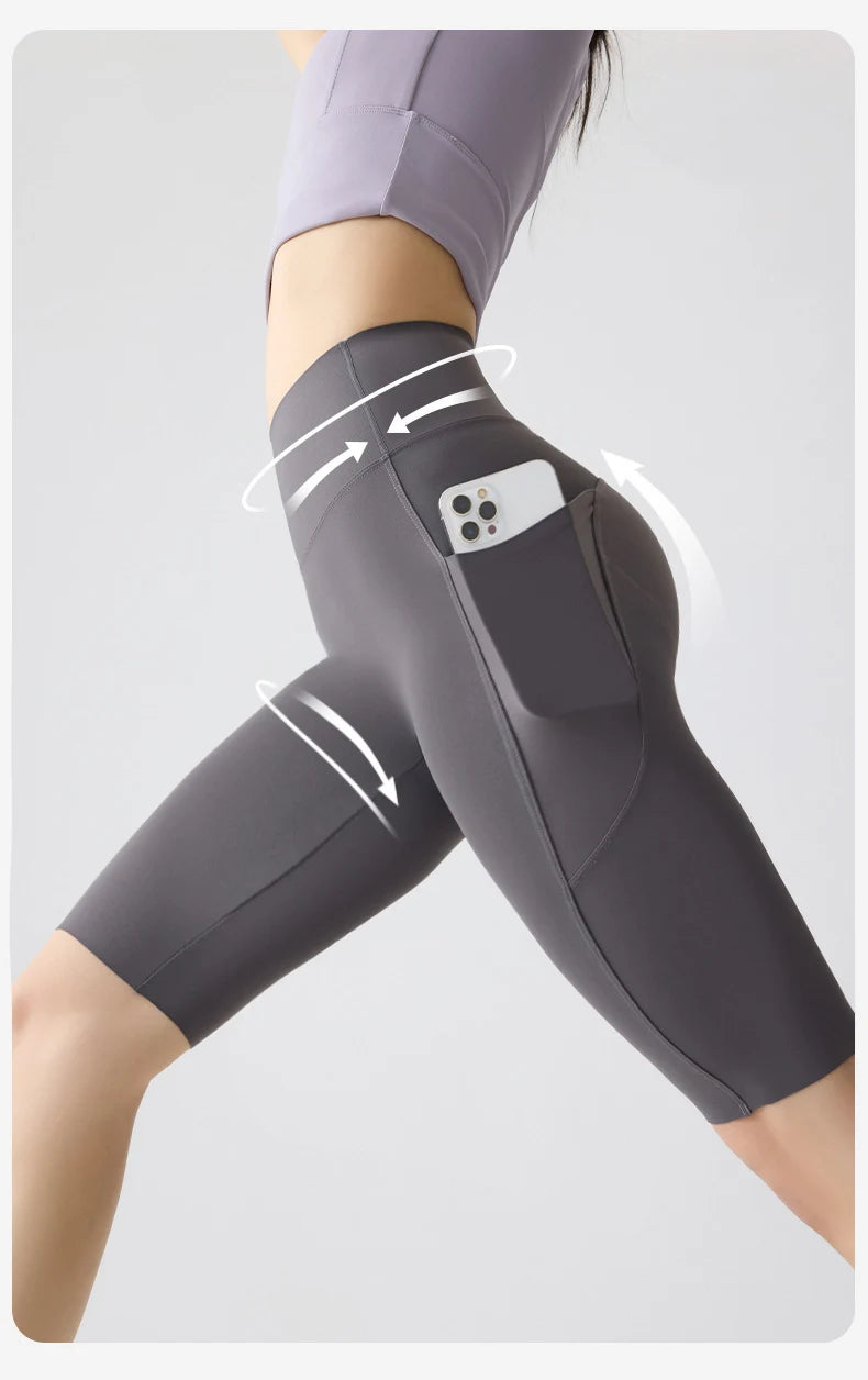 BIVIGAOS Summer Pocket Yoga Sharkskin Bicycle Shorts Women Thin High Waist Push Up Naked Feeling Sports  Fitness Cycling Shorts