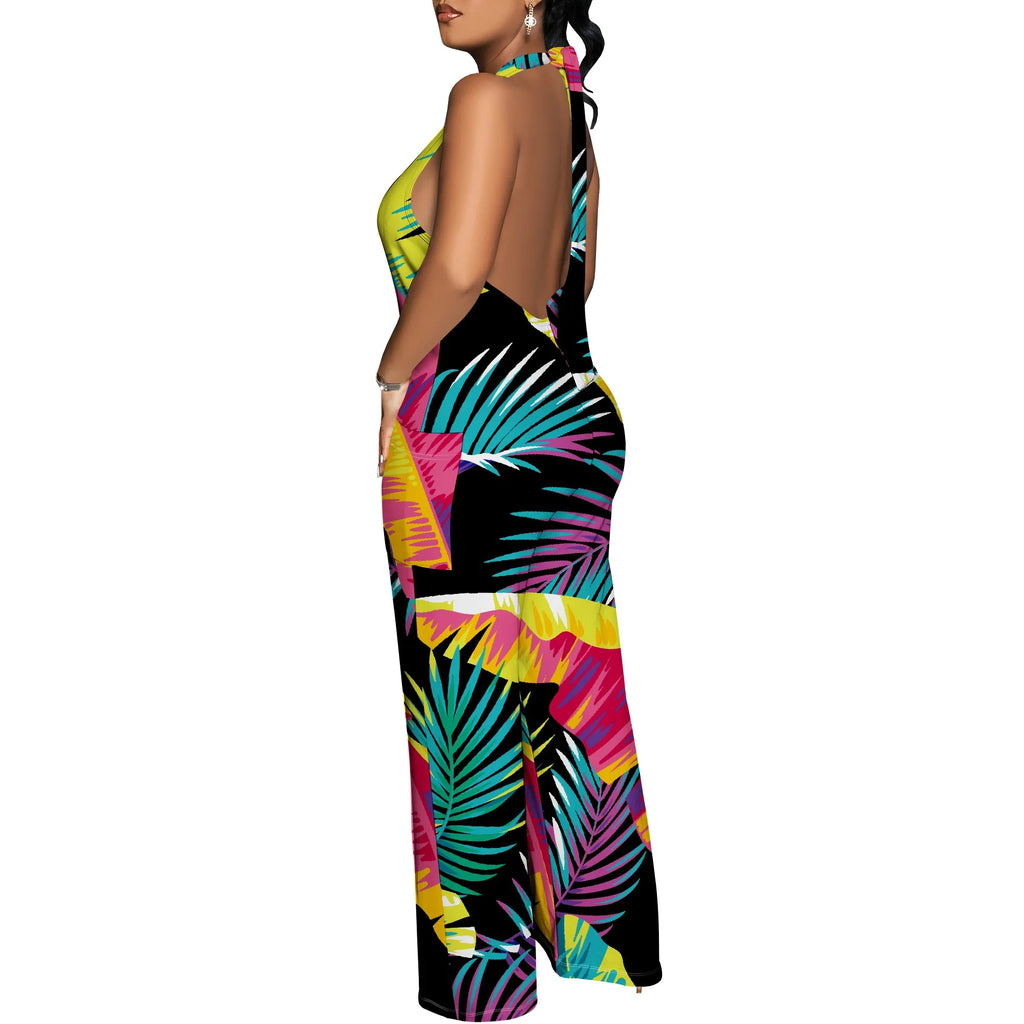 Vacation Leaf Print Halter Jumpsuit - Tie Neck Wide Leg Palazzo Beach Romper