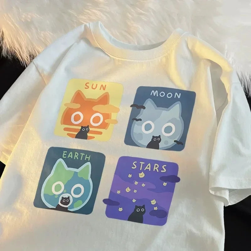 Cartoon Cute Cat and Dog Pattern Fun WomanT-Shirt Street Comfortable Soft Tops Creative Fashion Women's T-Shirt Clothing Y2K Top