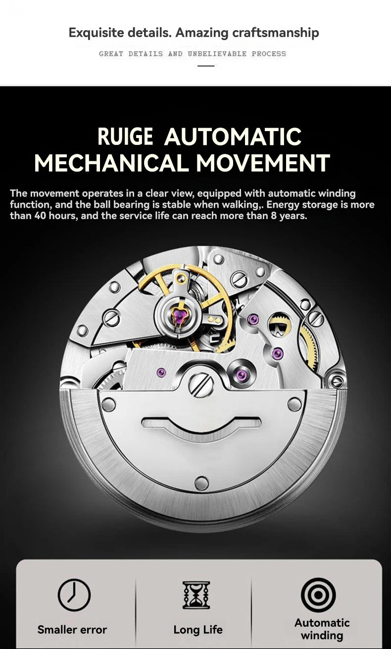 RUIGE hollowed out weekly calendar men's fully automatic mechanical watch stainless steel men's luminous waterproof watch