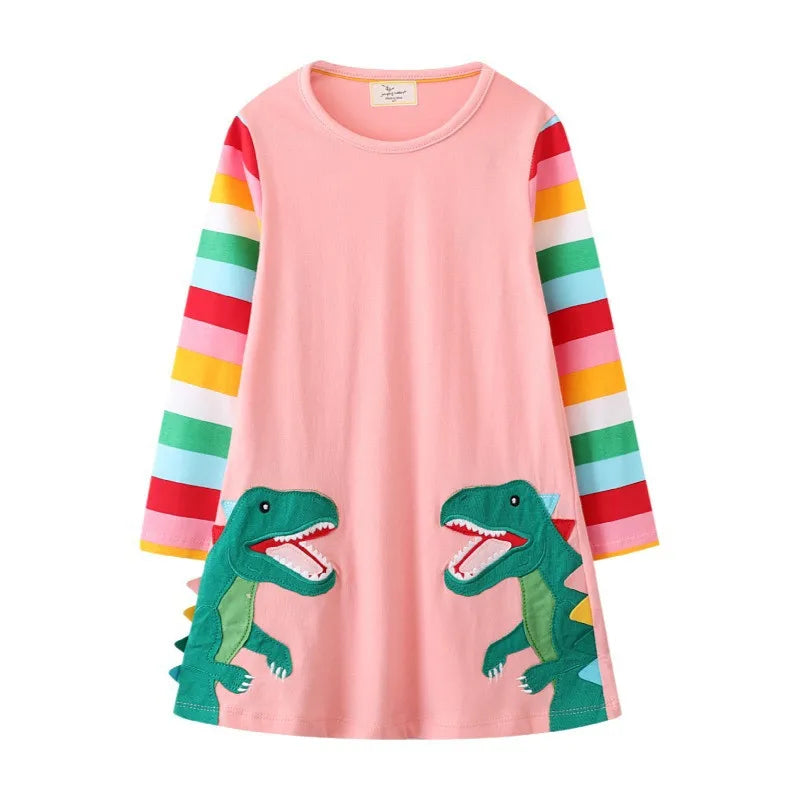 Jumping Meters 2-7T Princess Girls Dresses Buttons Hot Selling Long Sleeve Animals Baby Girls Clothes Party Kids Frocks Costume