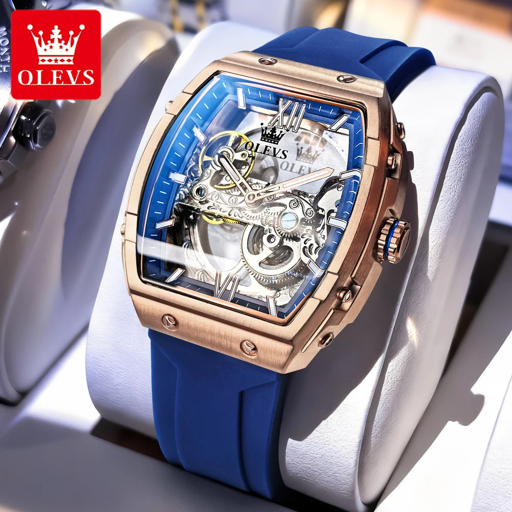 OLEVS 6779 Man Watch Skeleton Luxury Tonneau Mechanical Watches For Men Waterproof Silicone Strap Automatic Hand Clock Gifts Box