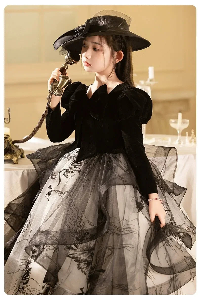 Girls' Spring Dress 3-14y Sweet Girls Floral Puff Long Sleeve PrincessCostumes Vestidos Dresses Kid's Clothes Children's Mes
