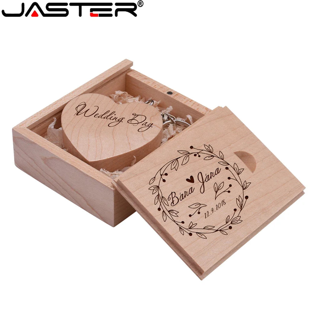 JASTER 10PCS/LOT Wooden Heart USB 2.0 Flash Drives 128GB  Free custom logo key chain Pen drive 64GB 32GB Business gift USB stick