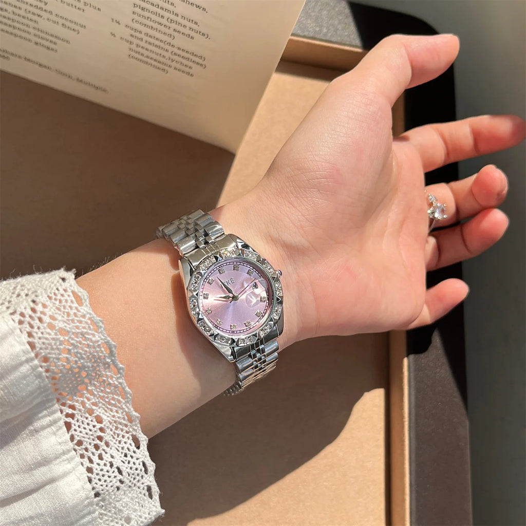 Women's Crystal Accented with Solid Alloy Steel Band Watch Elegant Dress Quartz Calendar Watches for Women