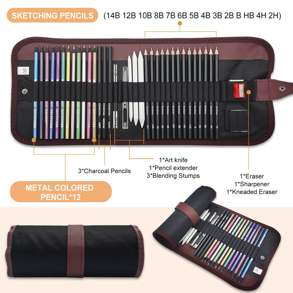 Drawing pencils, 38 art supplies sketching pencil sets, graphite pencils, charcoal pencils, and 12 metallic pencils,art supplies