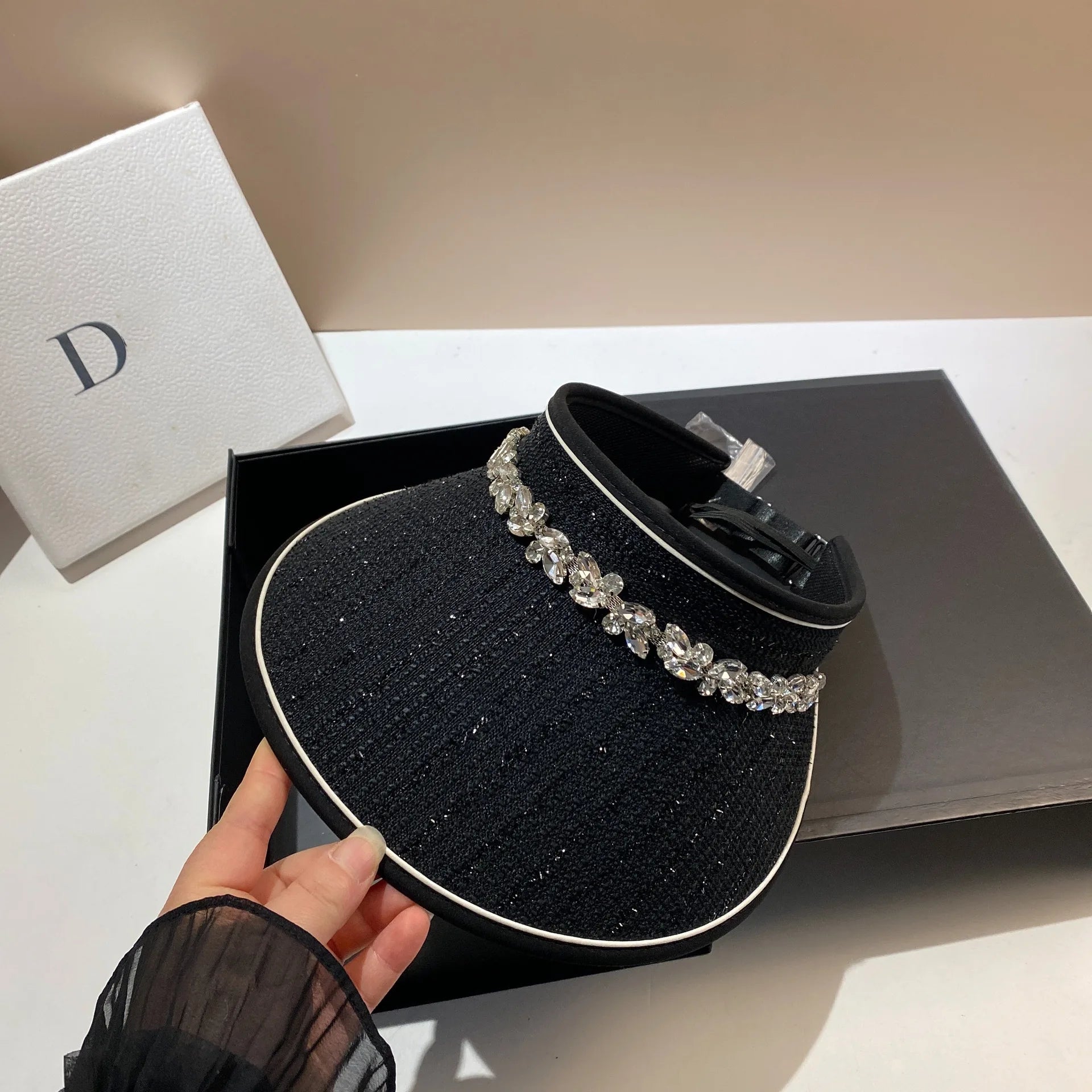 Luxury Rhinestone Empty Top Hats for Women Summer Sunshade Sun Hat Large Brim Travel Beach Sunscreen Panama Cap