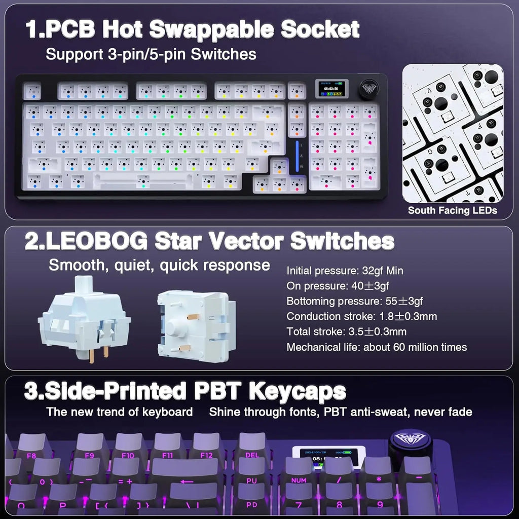 AULA S98pro Wireless Gaming Keyboard BT/USB-C/2.4G PBT Keycaps RGB Hot-swap Esports Mechanical Keyboard with Multi-function Knob