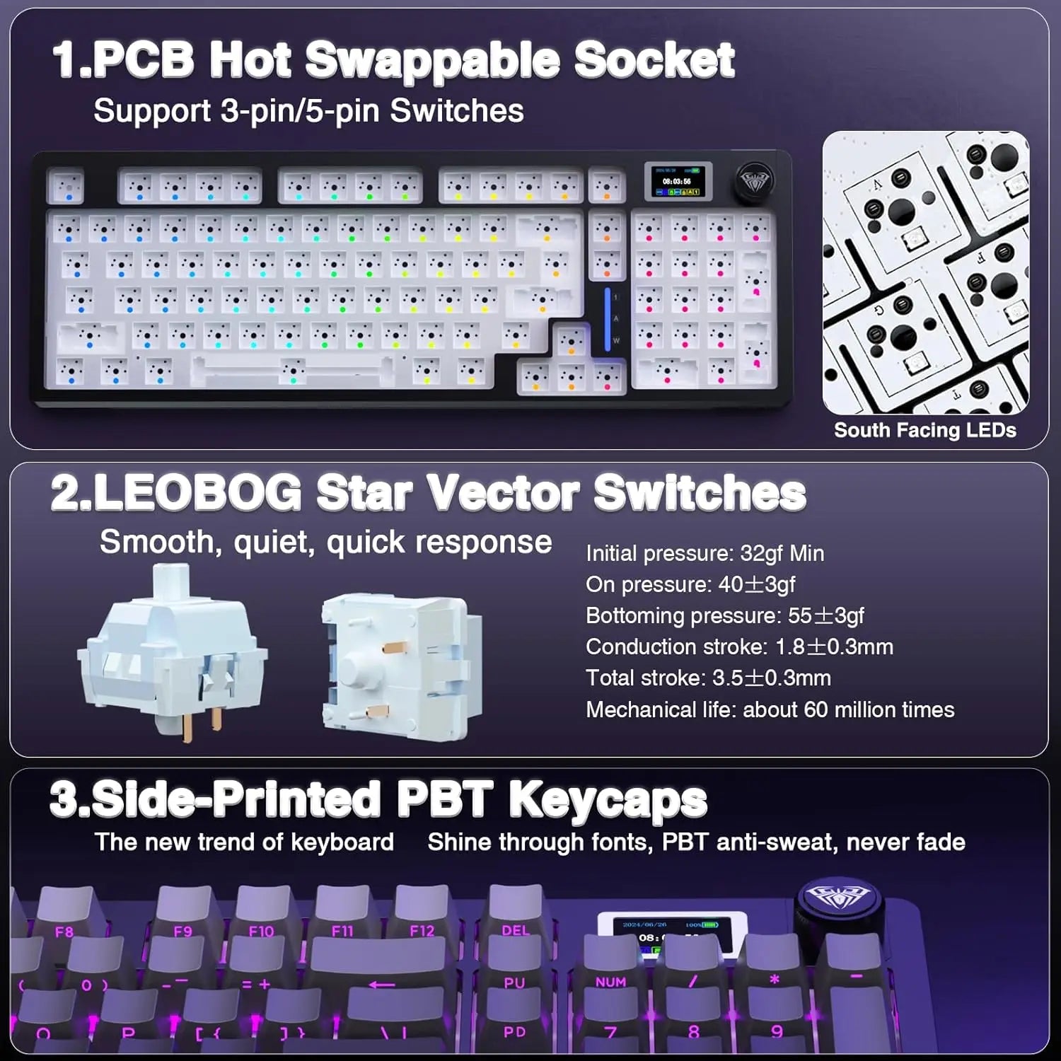 AULA S98pro Wireless Gaming Keyboard BT/USB-C/2.4G PBT Keycaps RGB Hot-swap Esports Mechanical Keyboard with Multi-function Knob