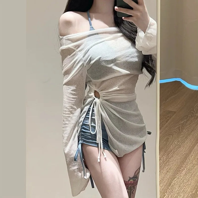 Vacation American Sexy Tie Dye Blue Sports Split Flat Angle Bikini Cover Three Piece Set Hot Spring Vacation Swimsuit for Women