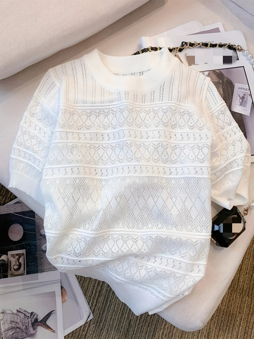 2026 New  Summer Thin Hollow Out Crew Neck Pullover Sweater Versatile Short Sleeve Knitted Top For Spring & Women's Clothing
