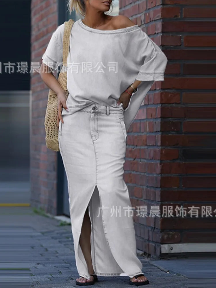 Denim Blue Fashion Split Skirt 2 Piece Set Casual Loose Off-the-shoulder Top + Slim Elegant Pencil Skirt Two-piece Set Women's