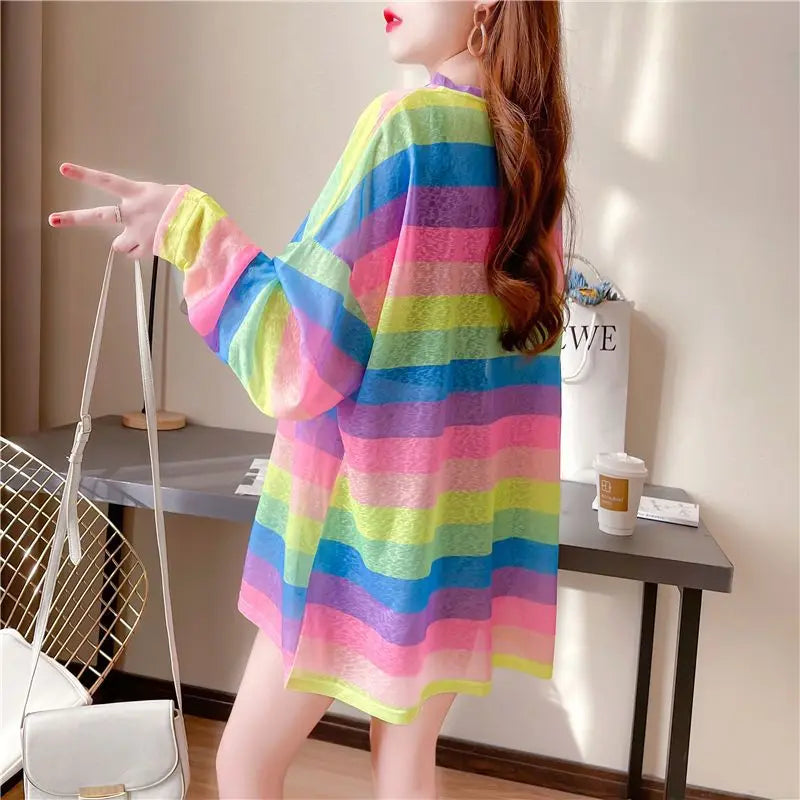 Rainbow Striped Long-sleeved Pullover Sunscreen for Women in Summer Light Top Oversize Mesh Versatile Air Conditioning Shirt