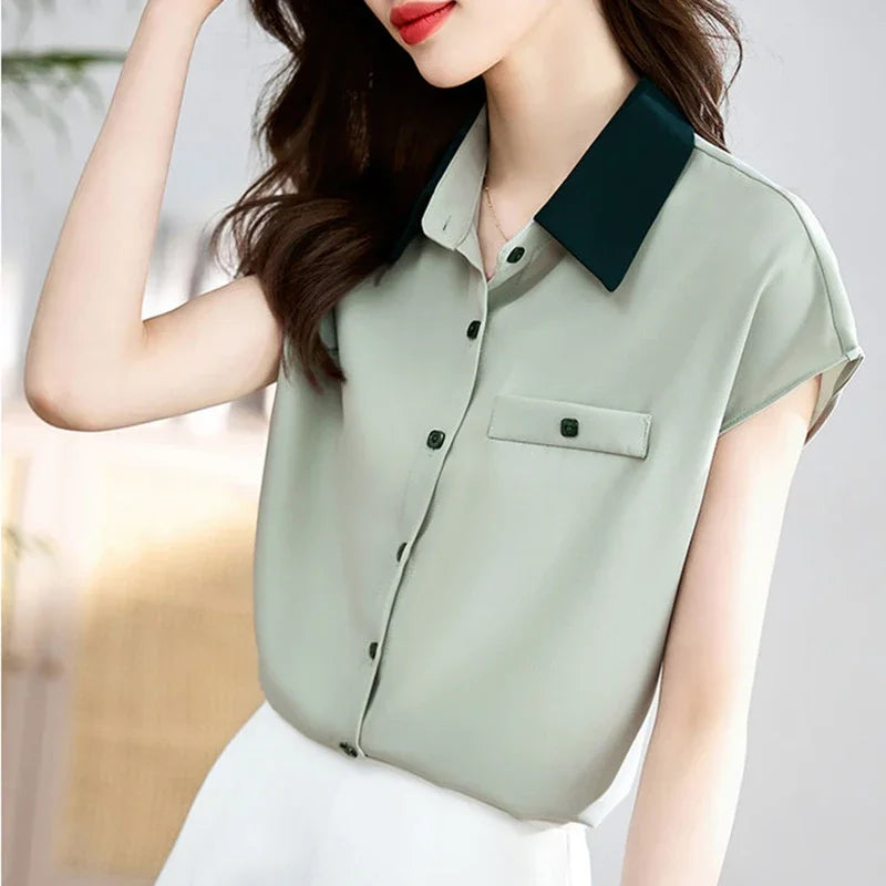 Elegant Lapel Button Spliced All-match Shirt Women's Clothing 2025 Summer New Loose Casual Tops Short Sleeve Office Lady Blouse