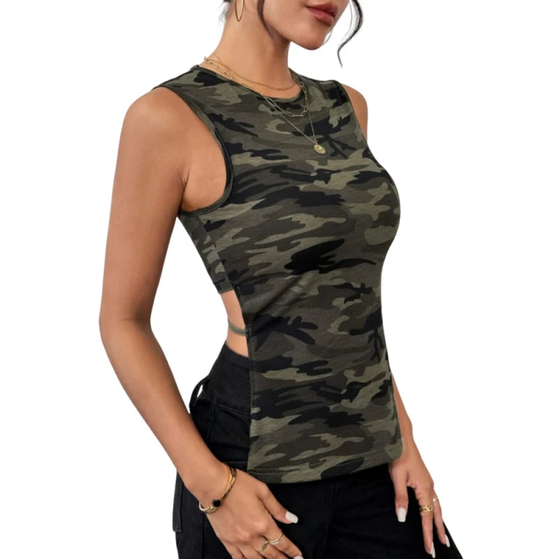 Summer Casual Sleeveless Tank Top Women's Camouflage Pattern Longer Front and Shorter Back Vest Suitable for Fitness and Sports