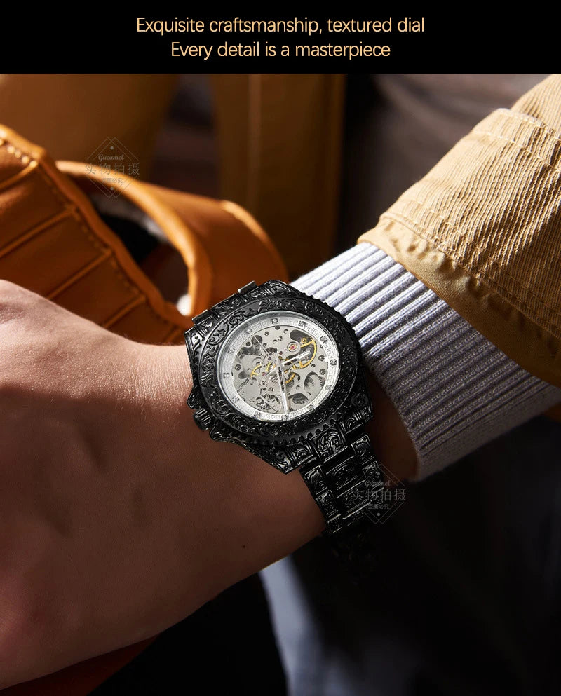 UTHAI M11 New Men watch hollowed out retro carved automatic mechanical watch cool clock gift，watches for man