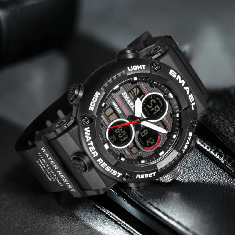 SMAEL Sport Watch for Male Quartz LED Digital Stopwatch Big Dial Clock Waterproof Dual Time Display Wristwatch