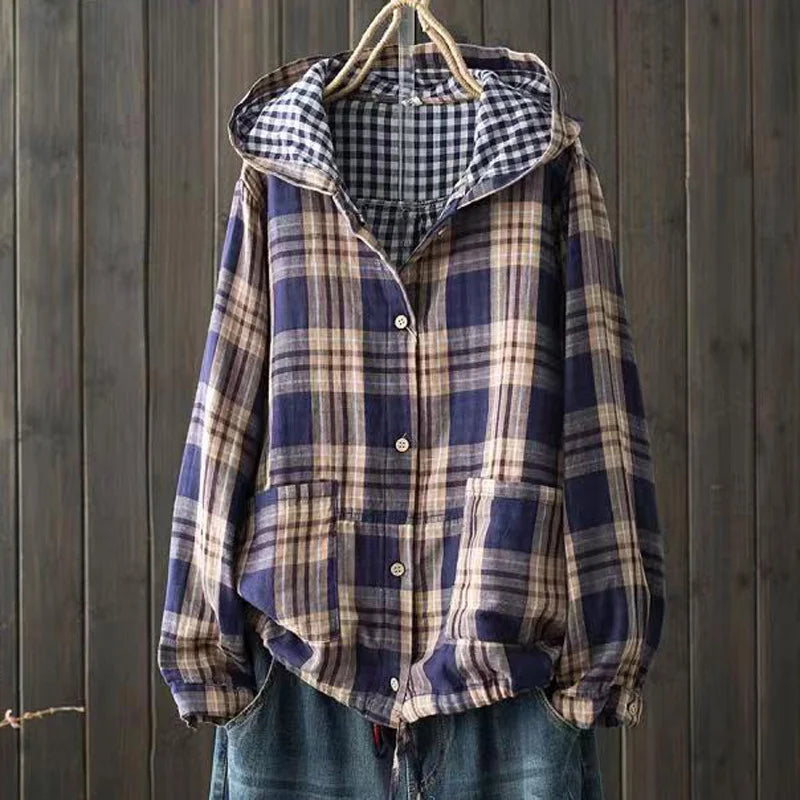 Large size blouses for women autumn hooded long sleeve single-breasted plaid shirts cotton checkered oversized shirt outwear