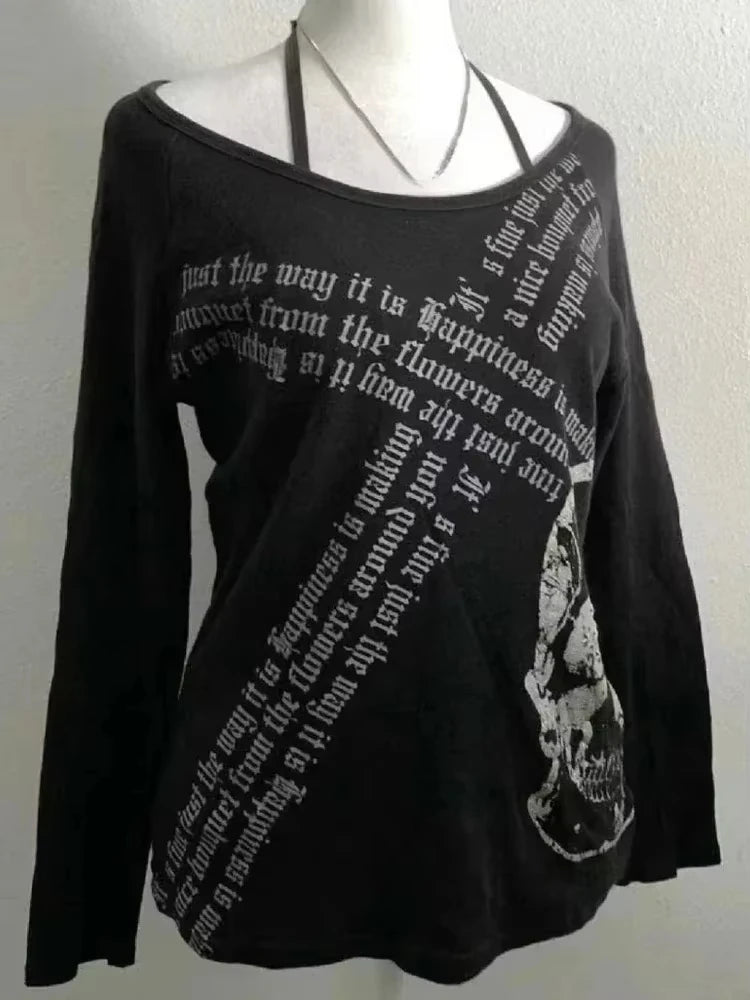 American Vintage Fake Two Pieces T-Shirt Women Streetwear Hip Hop Gothic Harajuku Grunge Y2k Crop Tops Black Skull Punk Tees