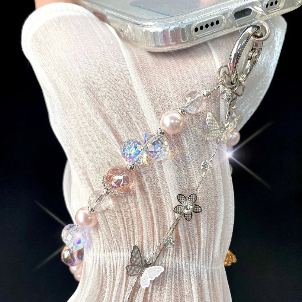 Luxury Sparkle Butterfly Rhinestone Bead Phone Bracelet Strap Charm Chain Knot Cellphone Lanyard Keychain Bag Camera Keychain Pe