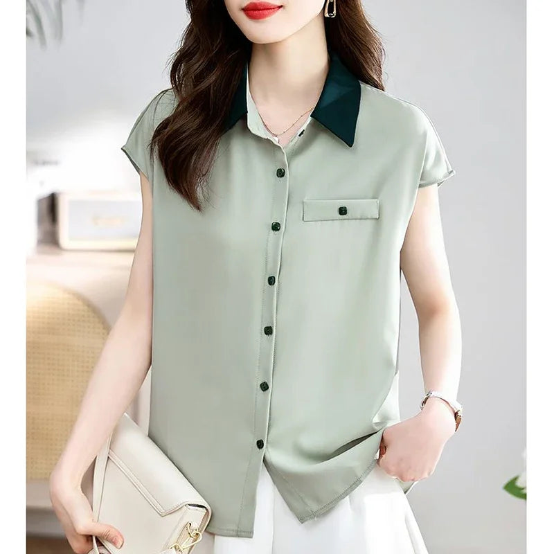 Elegant Lapel Button Spliced All-match Shirt Women's Clothing 2025 Summer New Loose Casual Tops Short Sleeve Office Lady Blouse