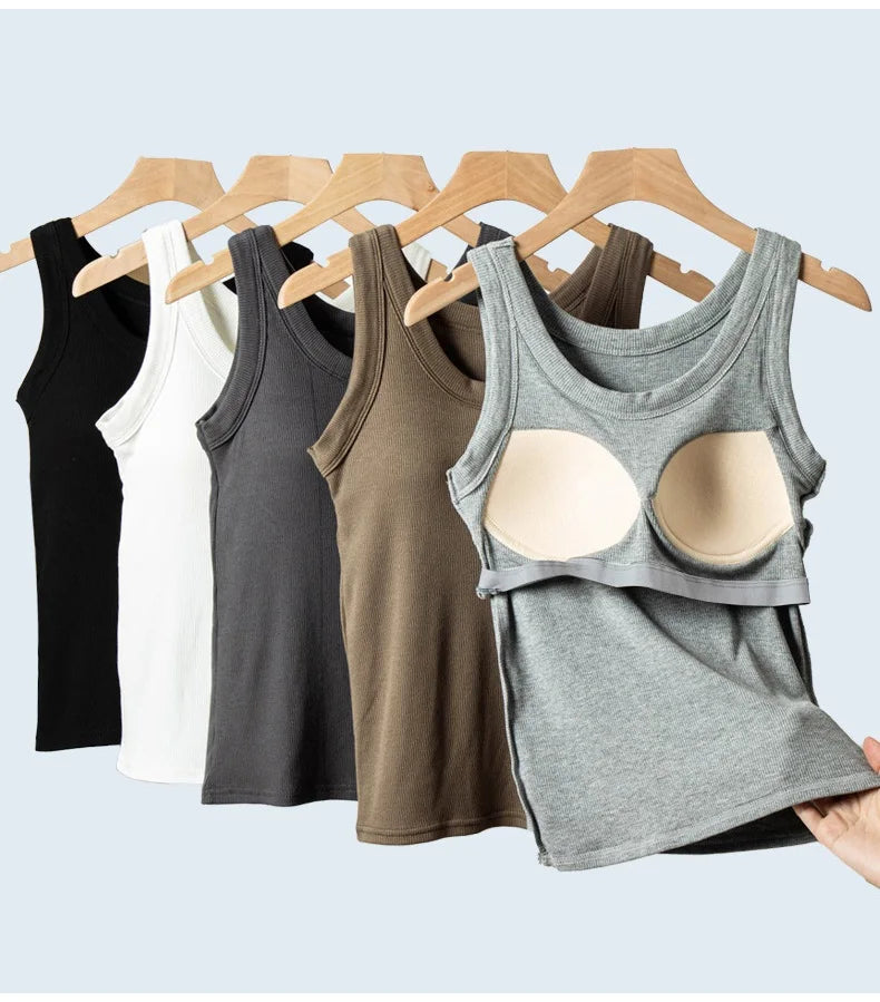 Women Thread Tank Tops With Built In Bra Padding Summer 2025 Trend Solid Outerwear Camisole Stretch Sleeveless White Tops Women