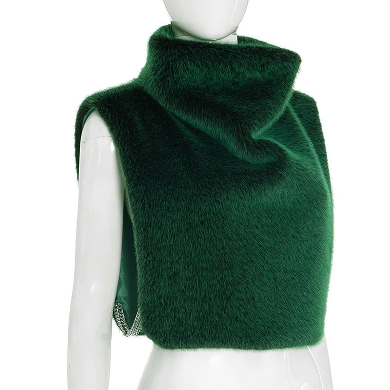 Turtleneck Furry Tank Tops Women Trend Sexy Side Split Chic Fall Trend Midnight Basic Street Furs Hipster Clubwear Vest Crop Top