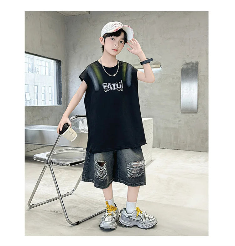 Junior Boys Summer Suit Children's Fashion Sleeveless Vest and Hole Jeans Shorts Clothing Sets for Kids 5 7 9 11 13 14 Years Old