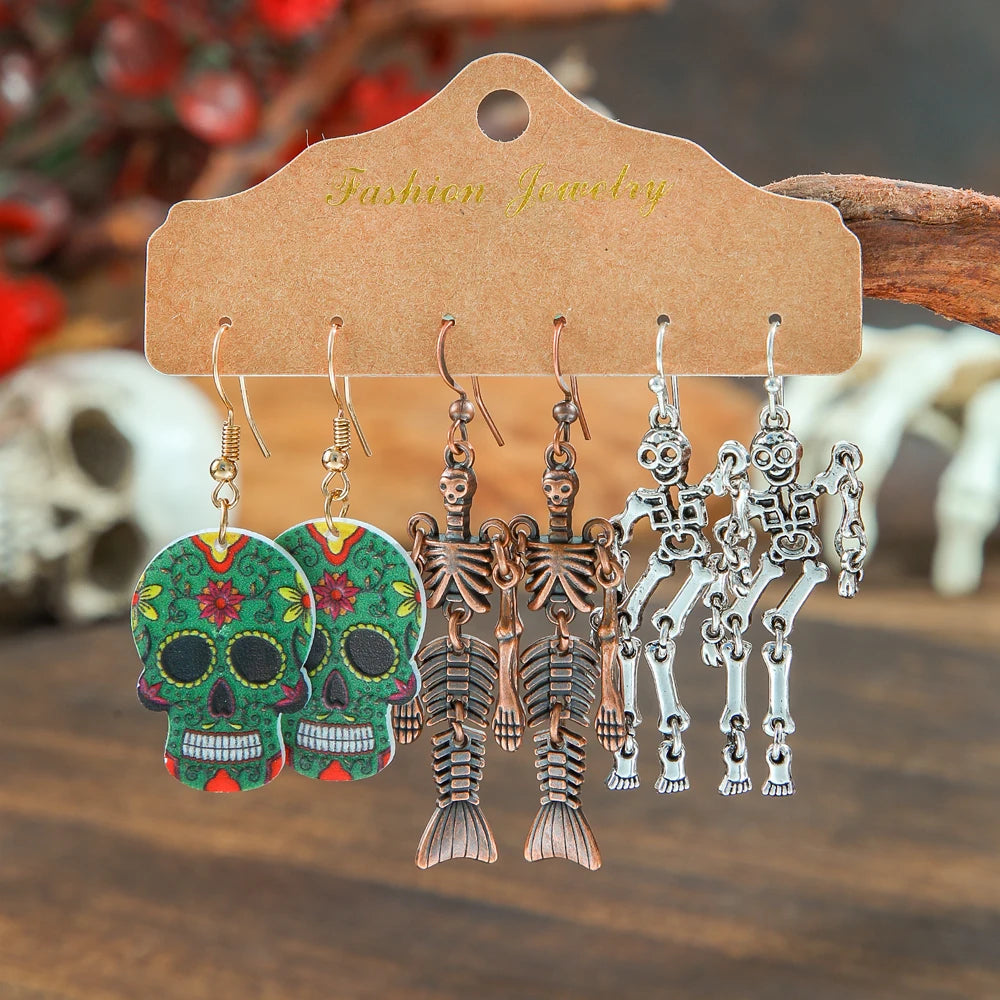 Halloween Dangle Earrings Set Creepy skull Face Mask Cobweb Imitation of Human Skeleton Creative Ear Jewelry Versatile Gifts