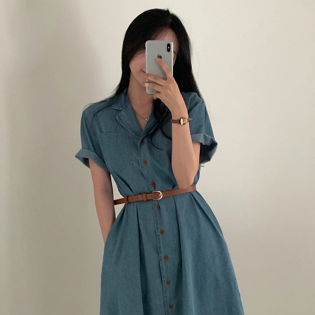 Slimming Chic Retro Chic Long Dr with Belt High Waist A-Line Skirt ort Sve Korean Sle Commute Dr Denim Dr