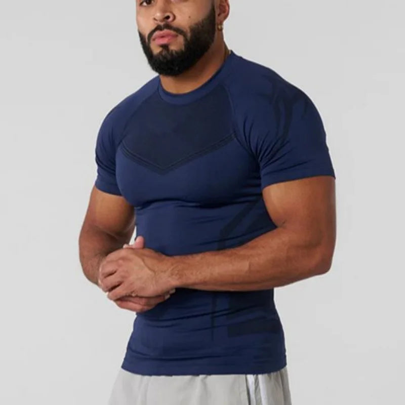 Men's Gothic Style High Elastic Quick Dry Seamless Slim Fit Training T-Shirt Short Sleeve Fitness Clothing for Sports