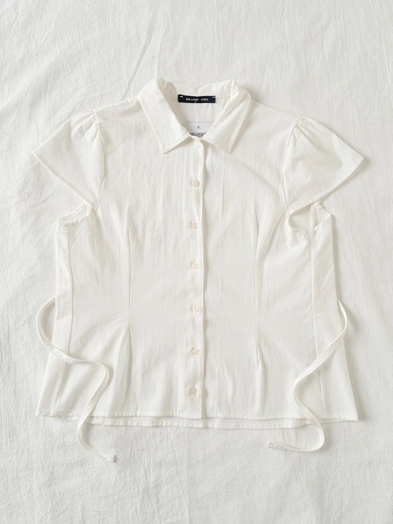 Back Lace-up White Blouse Women Peter Pan Collar Slim Short Sleeve Blouses Summer Casual Simple Sweet Chic Y2k Top Shirts Femme