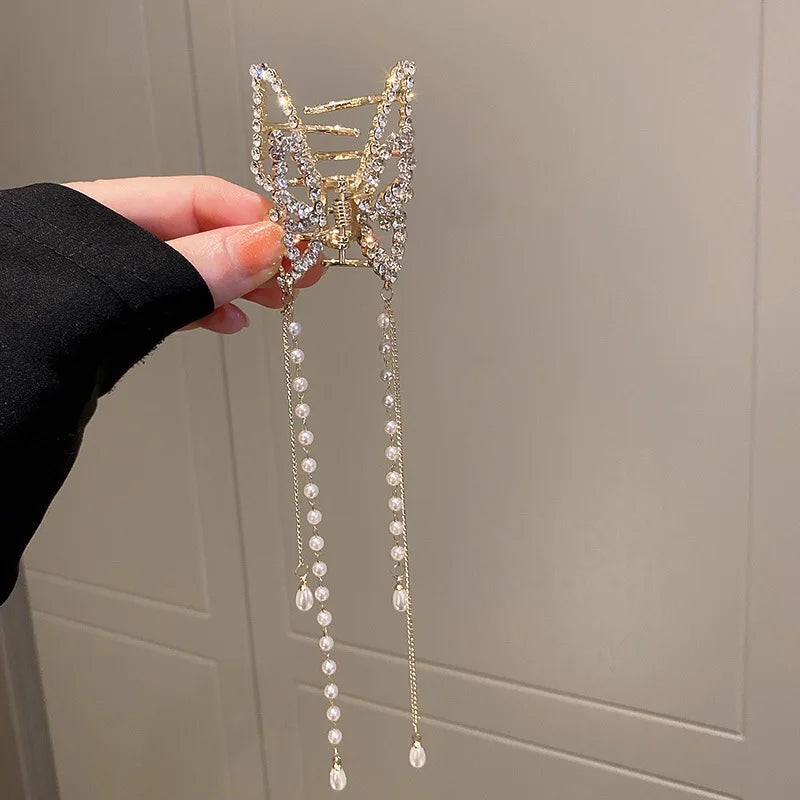 DREJEW Butterfly Hairbands for Women Rhinestone Crystal Long Tassel Chain Headband Simulated Pearl Headwear Hair Accessories
