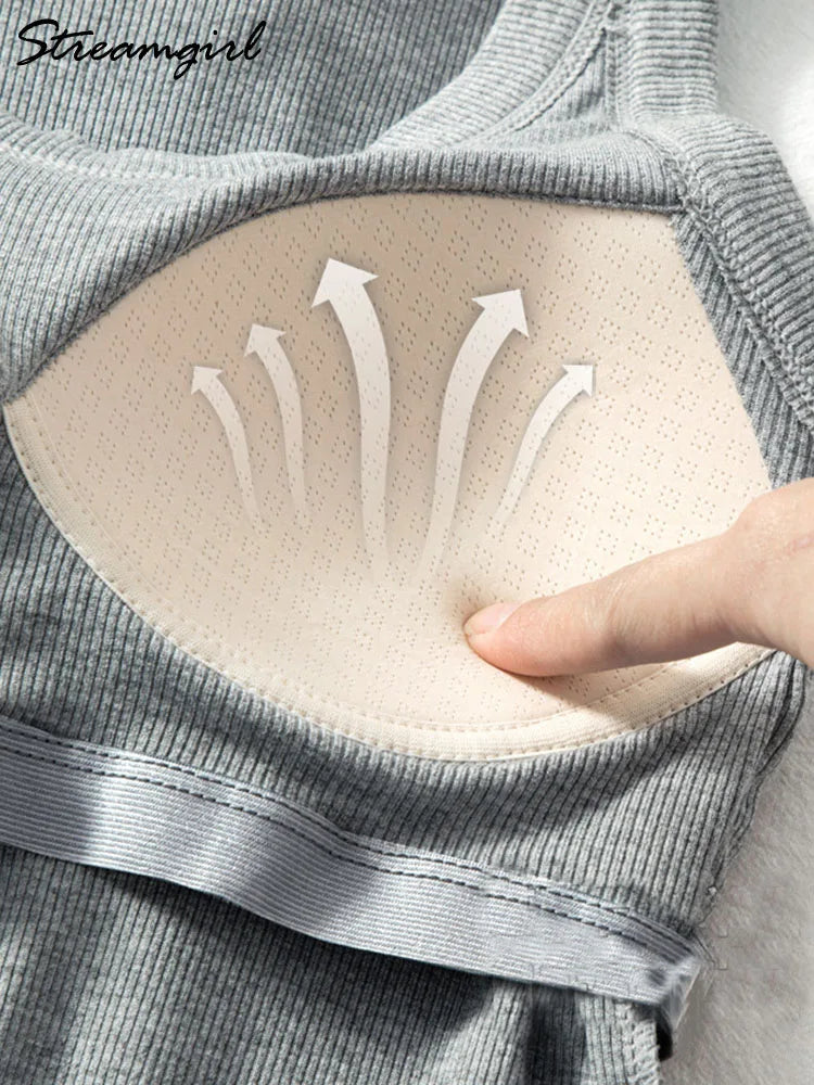 Women Thread Tank Tops With Built In Bra Padding Summer 2025 Trend Solid Outerwear Camisole Stretch Sleeveless White Tops Women