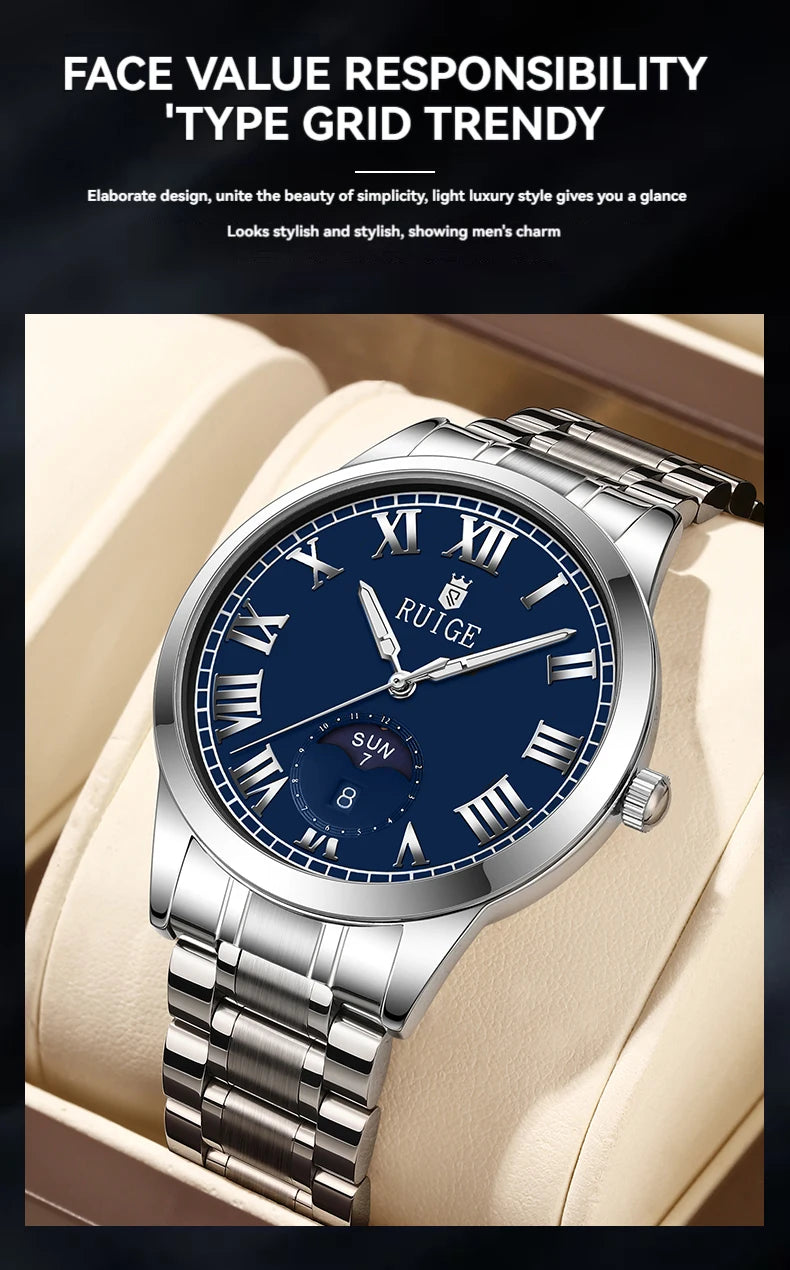 RUIGE hollowed out weekly calendar men's fully automatic mechanical watch stainless steel men's luminous waterproof watch