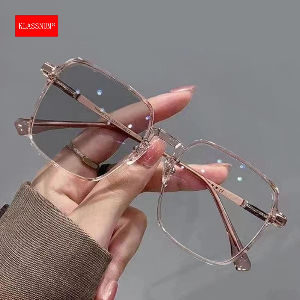 KLASSNUM Women Transparent Anti Blue Light Glasses Photochromic Glasses Large Frame Computer Eyeglasses Chameleon Sunglasses