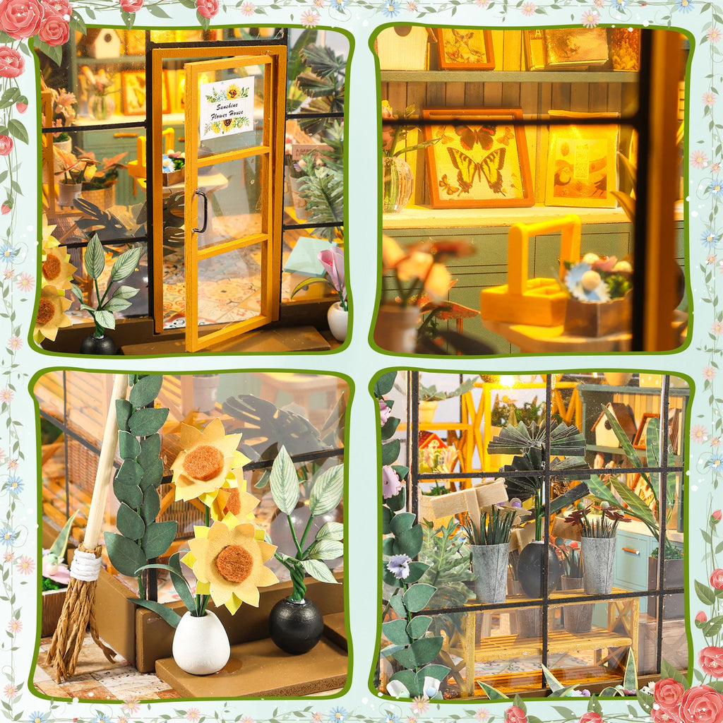 DIY Miniature Garden House Kit with Furniture and LED Light DIY Dollhouse Craft Set Gifts Wooden Greenhouse Model Building Kits