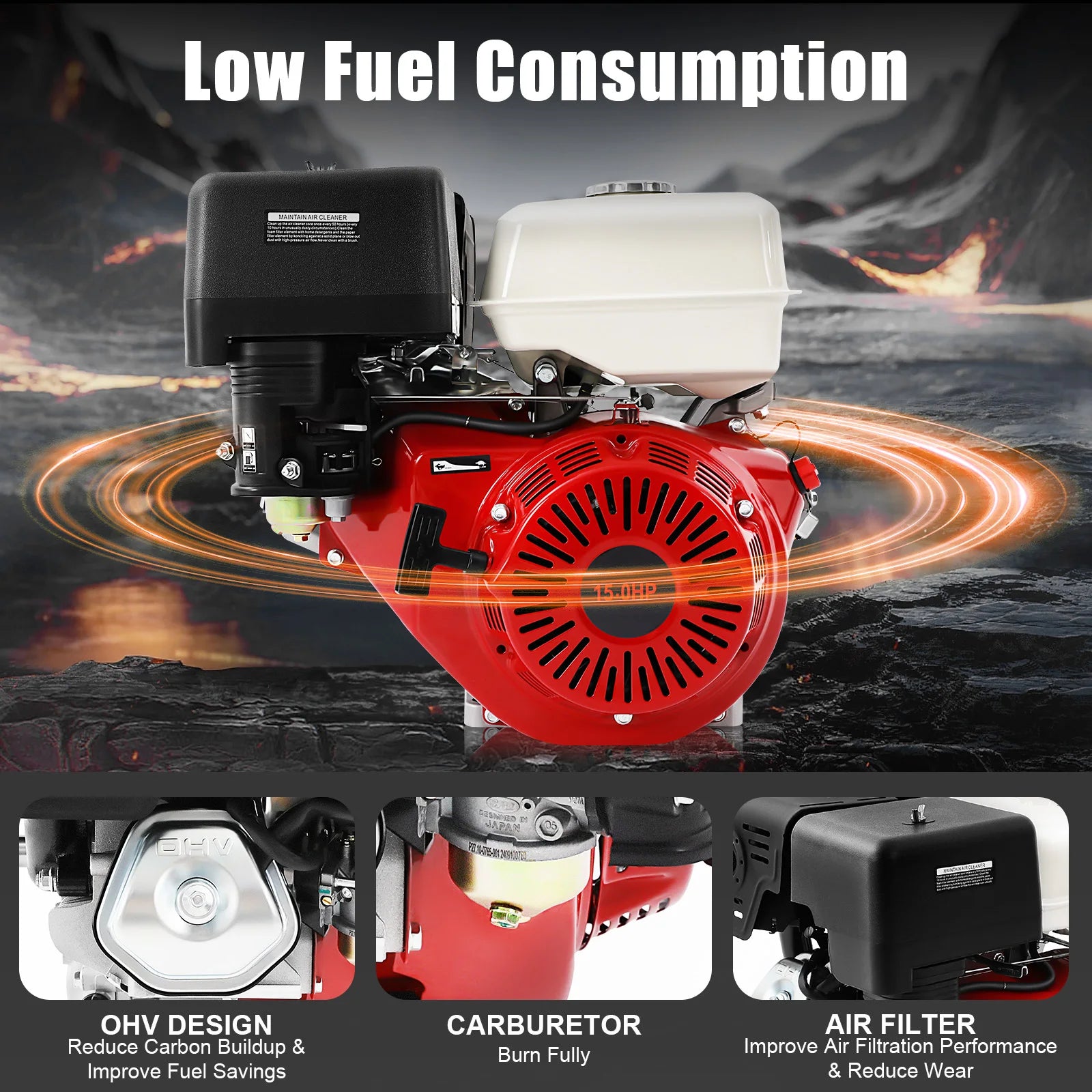 9700W 15HP 420CC Gasoline Engine 4 Stroke Gas Motor Low Noise Air Cooling 3600r/min 1.72Gal Large Fuel Tank