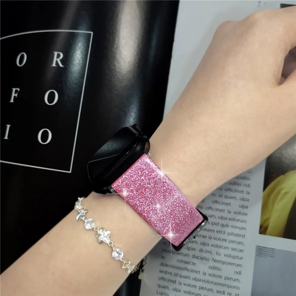 Glitter leather strap For Apple Watch Bands 44mm 40mm Ultra 2 49mm 41mm 42-38-45mm Shiny bracelet iWatch Series 9 8 7 6 5 4 3 SE