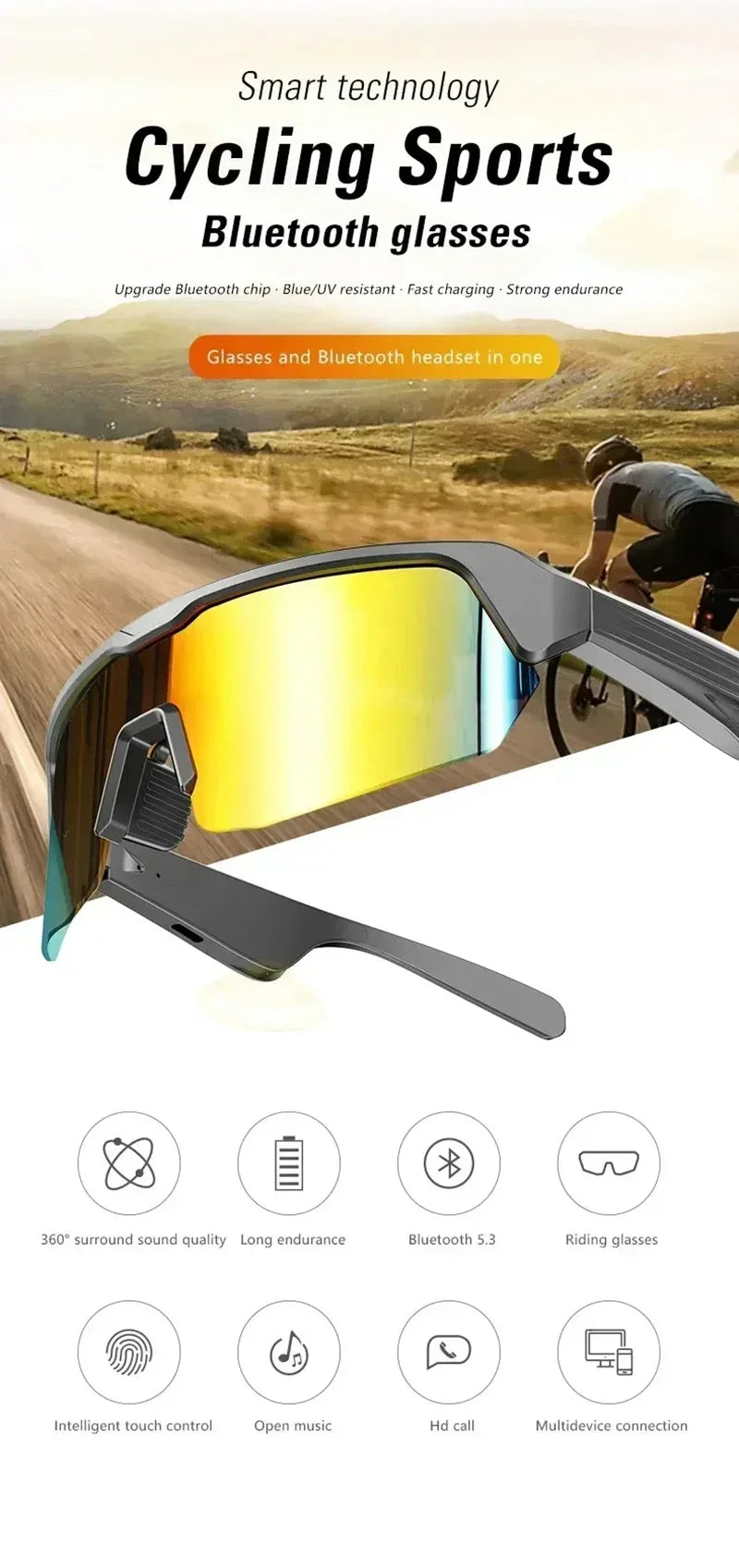 Smart Glasses Wireless Bluetooth 5.3 Sunglasses Built-in Microphone Speaker Touch&Voice Assistant Compatible Glass for Men Women