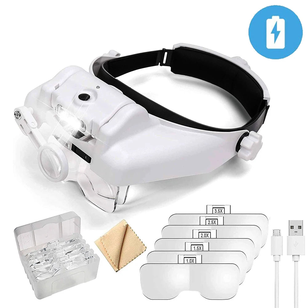 TKDMR USB Rechargeabl Head Mounted Binocular Eyewear Loupe Magnifier with 3LED Illuminated Headband Magnifying Glass For Reading