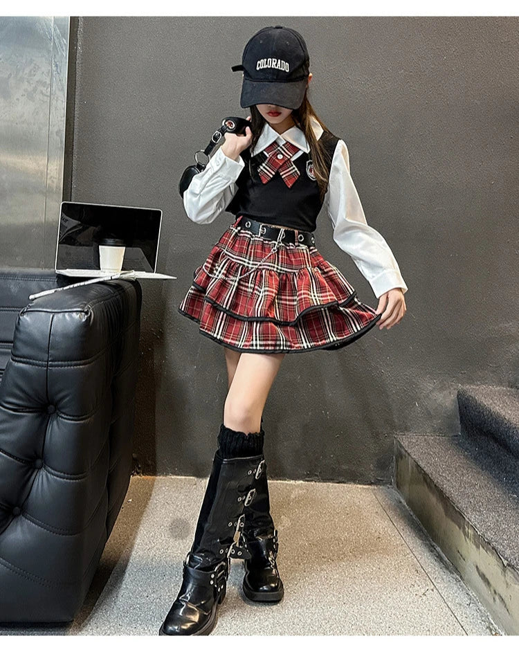 junior girls JK clothes Set Child Internet Celebrity Street Uniform suit Splicing shirt+checkered cake skirt+belt kids outfits