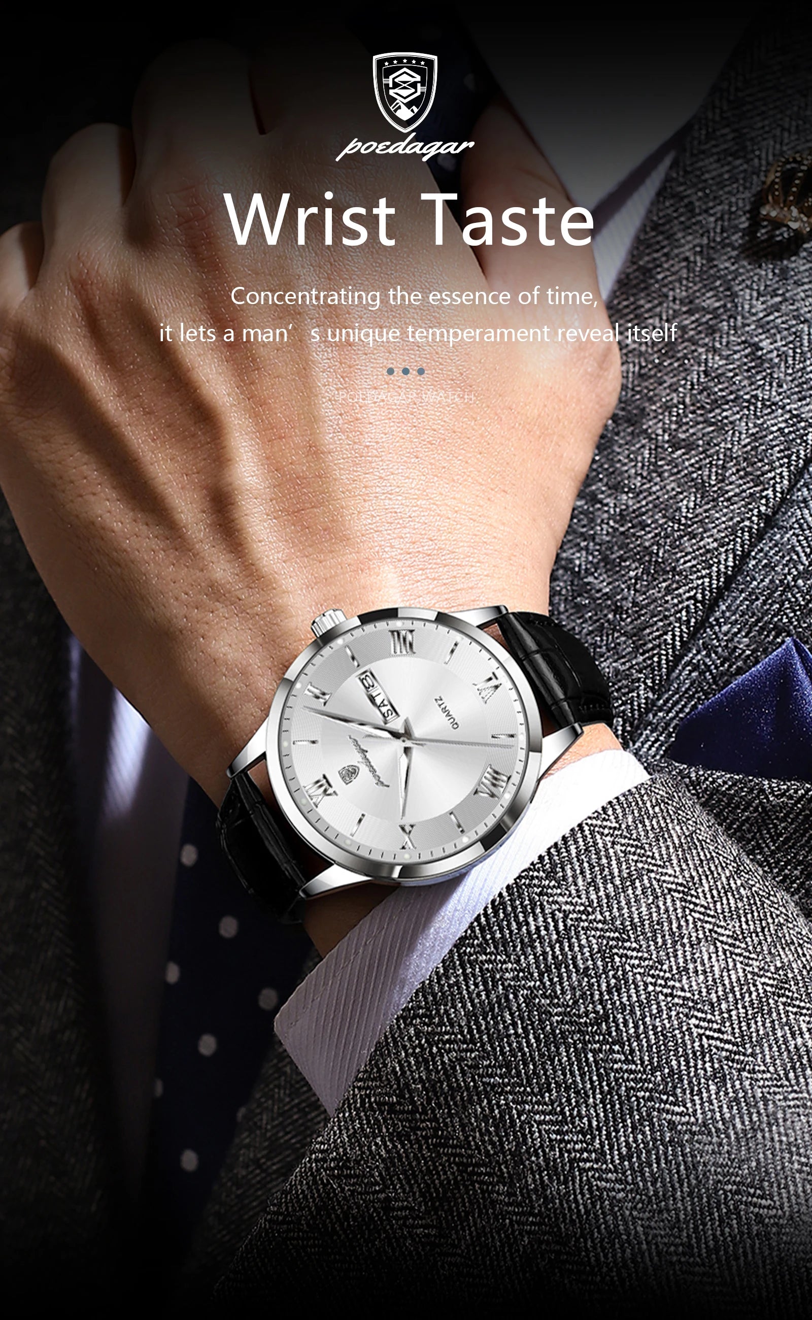 POEDAGAR Classic Luxury Men's Wristwatch Date Week Leather Business Man Watch Waterproof Luminous Fashion Quartz Watches For Men