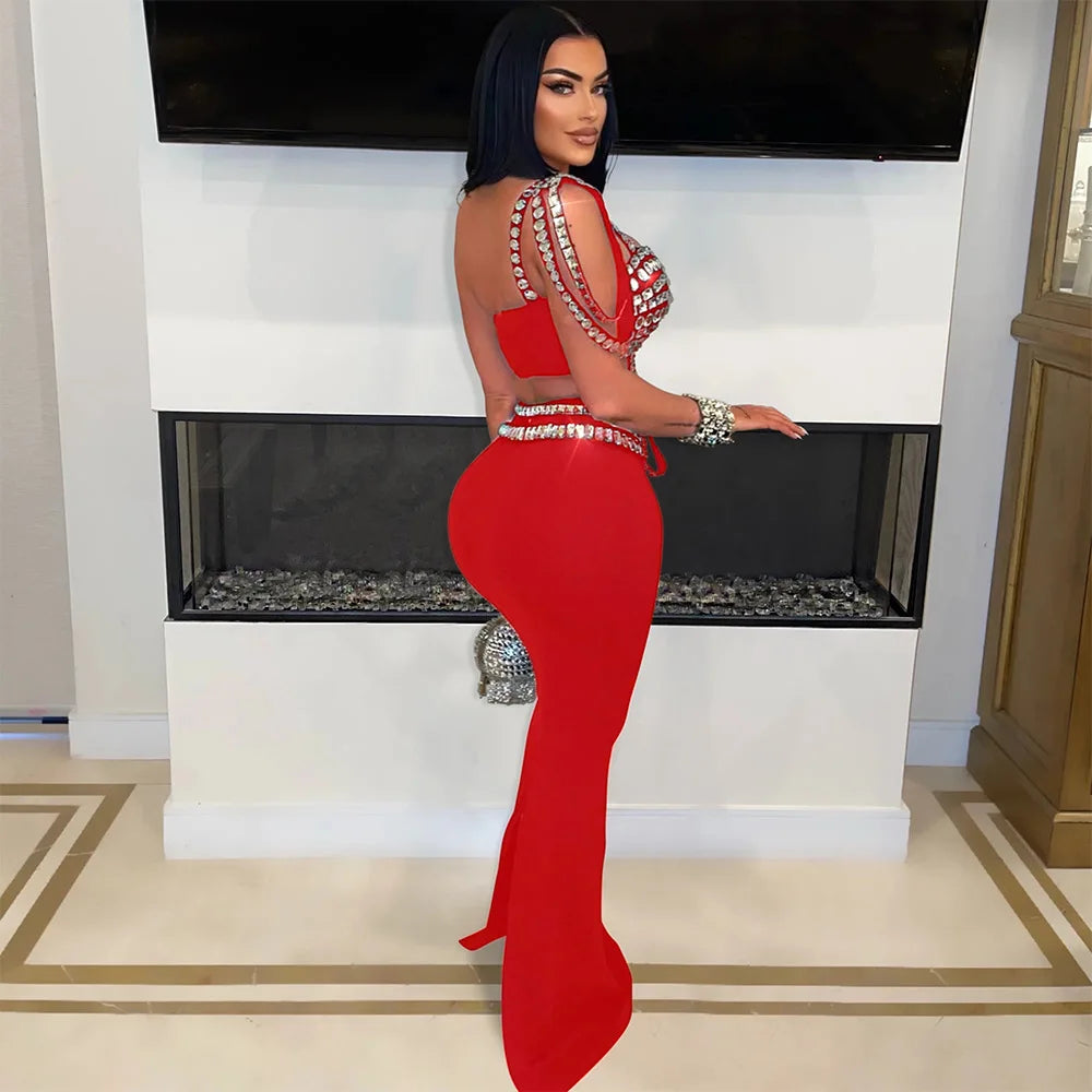 Women Dress Sets Floor Length Buttocks Skirts Two Pieces Set Matching Sets Diamonds Camisole High Street Party Night Evening