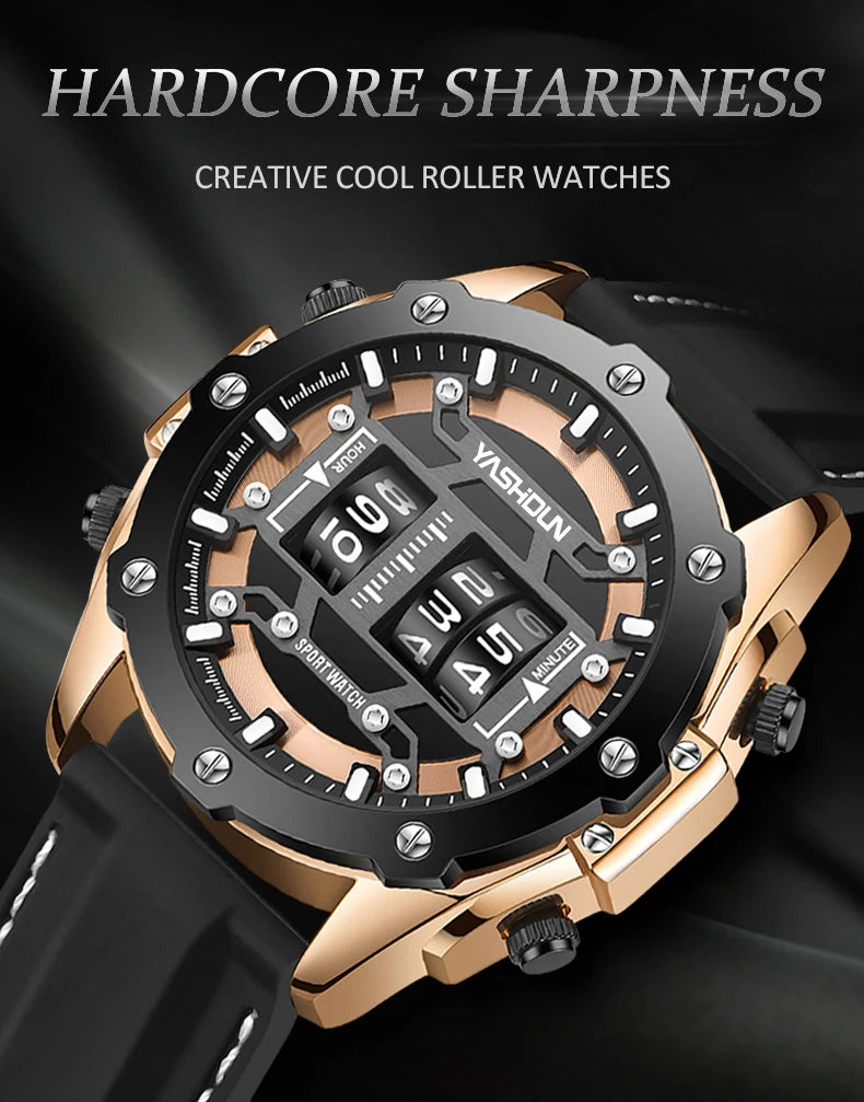 Men Quartz Watch Roller Digital Dial Design Silicone Strap Versatile Wristwatch Clock Waterproof Military Sports Clock