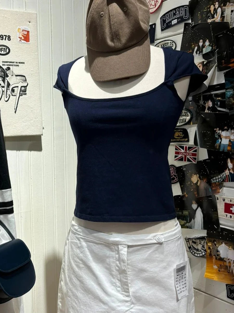 New Sweet Pink Cotton Crimping Short Sleeve Tees Women Summer Casual Simple Square Collar Crop Tops Vintage Basic Y2K T-shirts