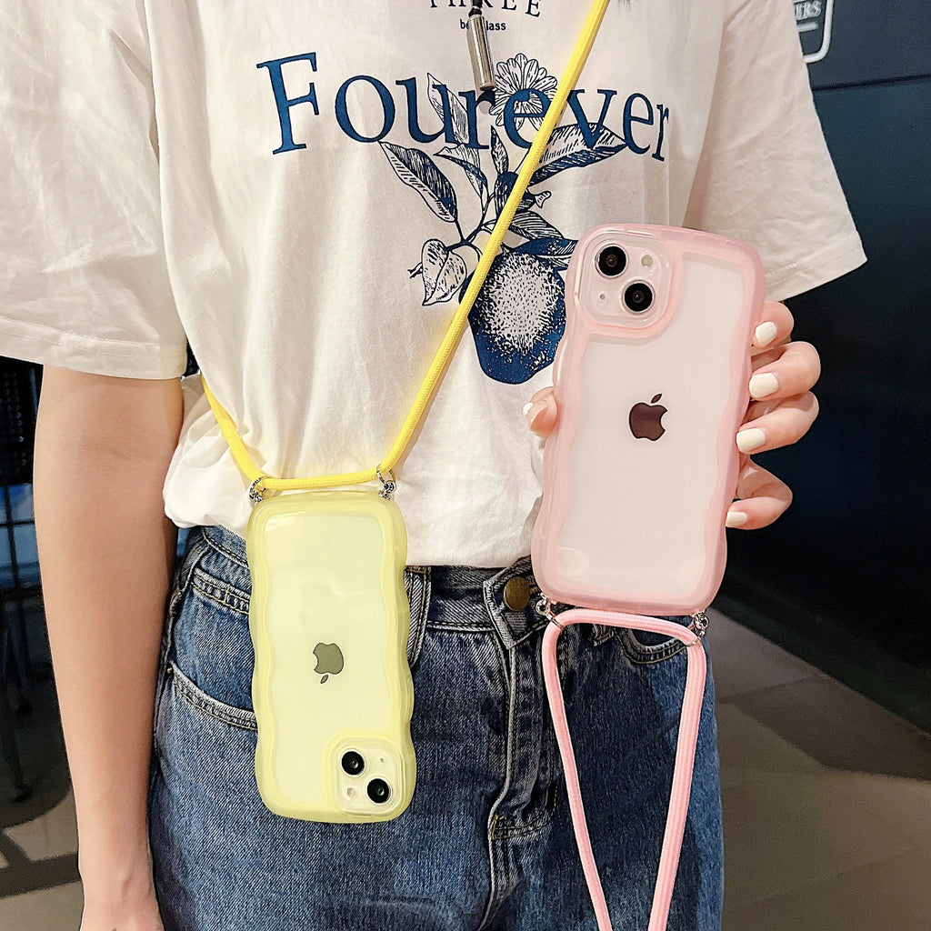 Crossbody Necklace Strap Lanyard Cord Phone Case For iPhone 17 16 15 14 13 12 11 Pro Max XR XS 7Plus Soft Cute Curly Wave Cover